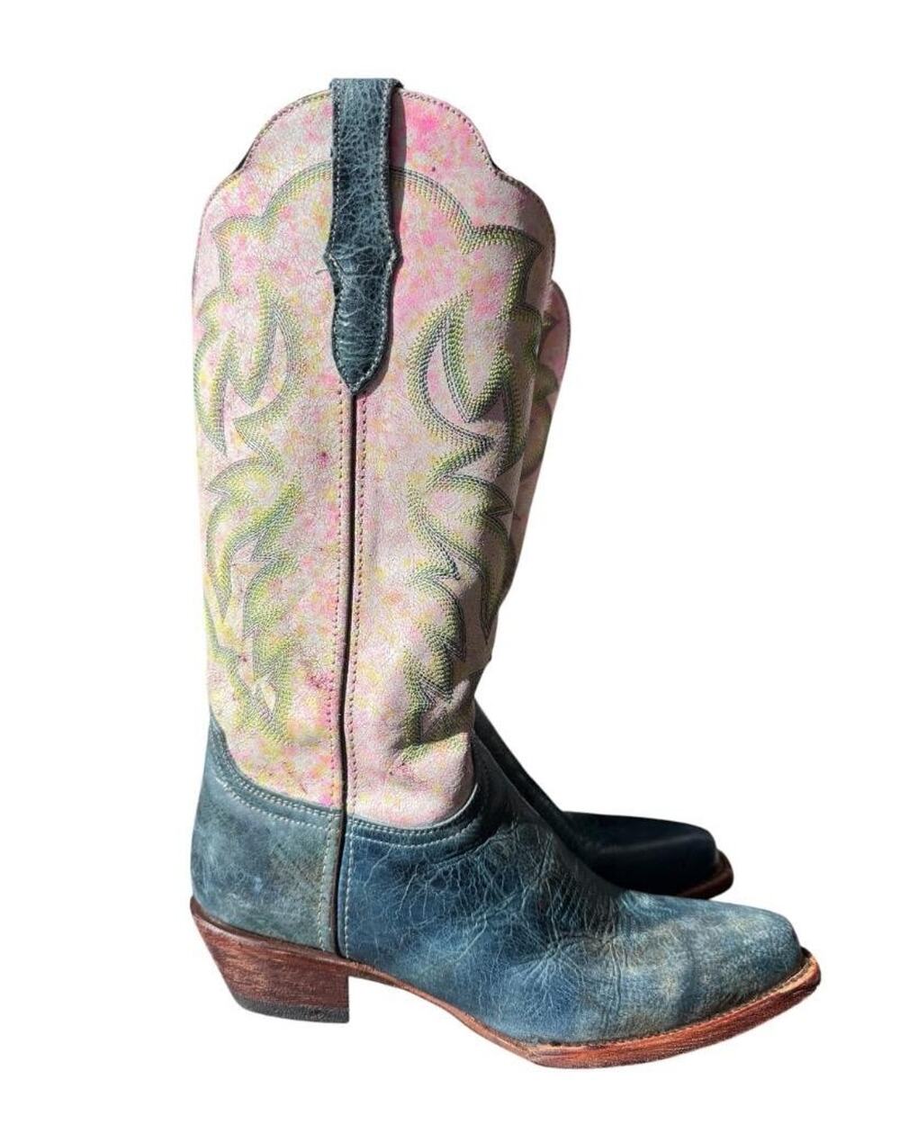 Ferrini Candy Teal V Toe Knee High Western Cowboy Boot Women size 9.5